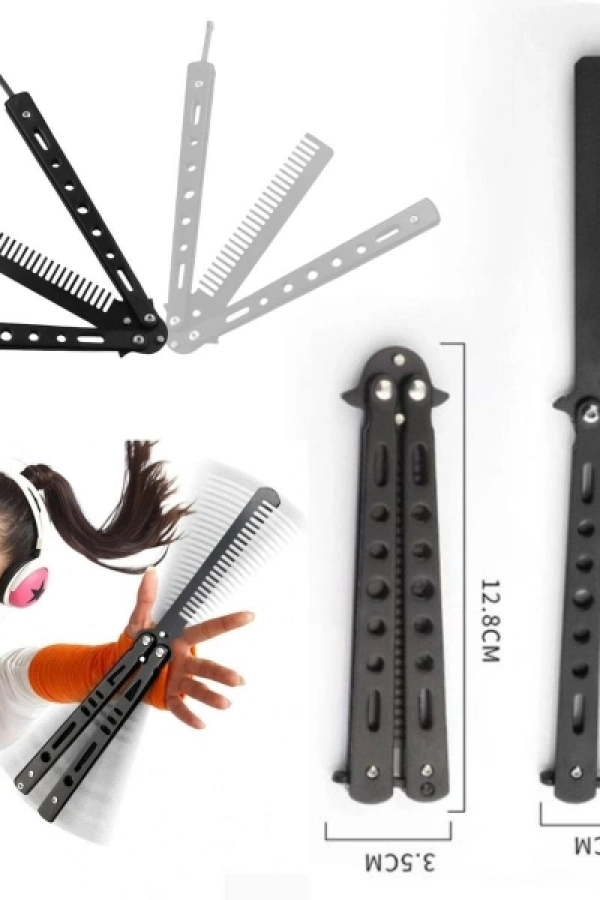 Siyah Katlanabilir Paslanmaz Çelik Kelebek Bıçak Tasarımlı Tarak