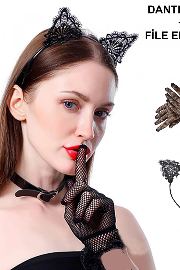 Siyah Kedi Dantel Taç + Eldiven Seti – Parti, Dans ve Kostüm Kombini