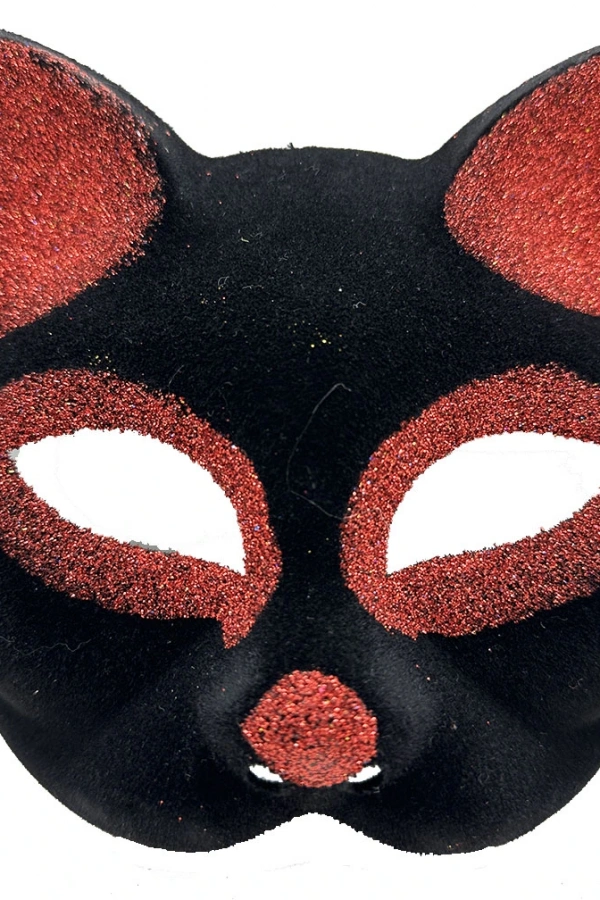 Siyah Kırmızı Simli Süet Kedi Maskesi