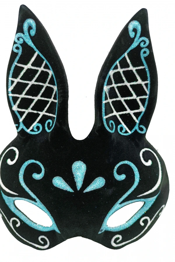 Siyah Mavi Beyaz Simli Tavşan Maskesi
