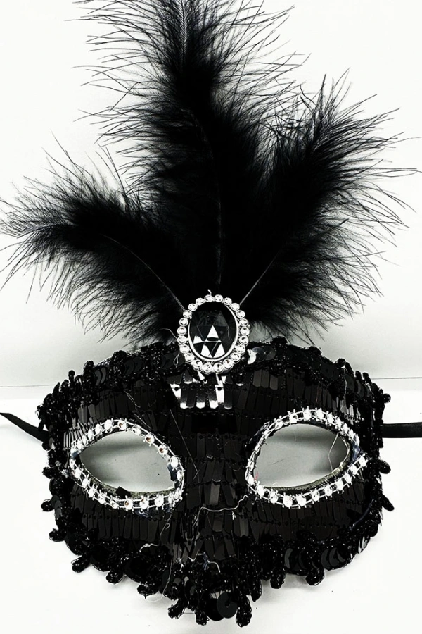 Siyah Renk Payetli Pullu Tüylü Parti Maskesi