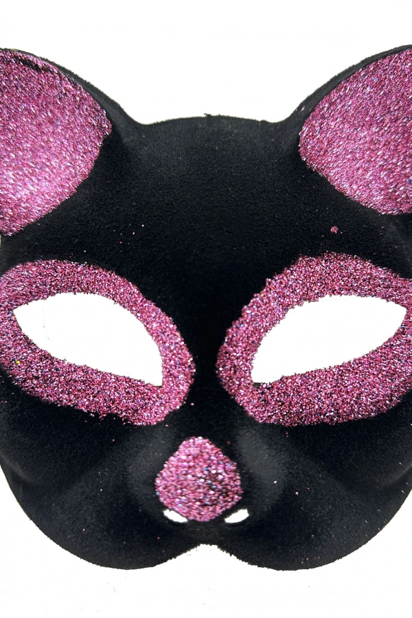 Siyah Renk Pembe Simli Kedi Maskesi