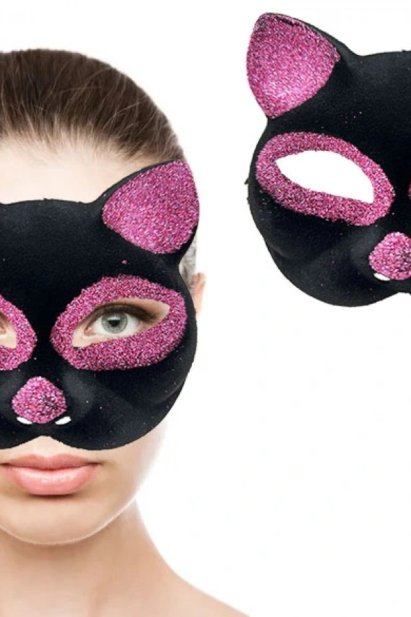 Siyah Renk Pembe Simli Kedi Maskesi