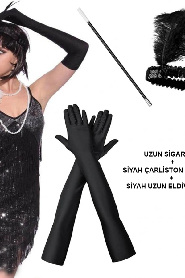 Siyah Retro Charliston Aksesuar Seti