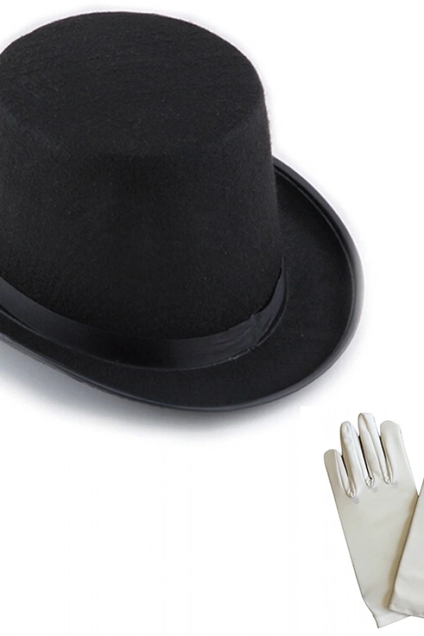 Siyah Sihirbaz Fötr Şapka Ve Beyaz Sihirbaz Eldiveni Seti - Yetişkin Boy
