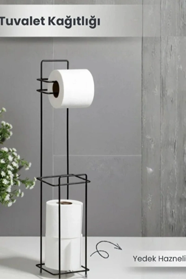 Siyah Standlı Yedek Hazneli Tuvalet Kağıtlığı