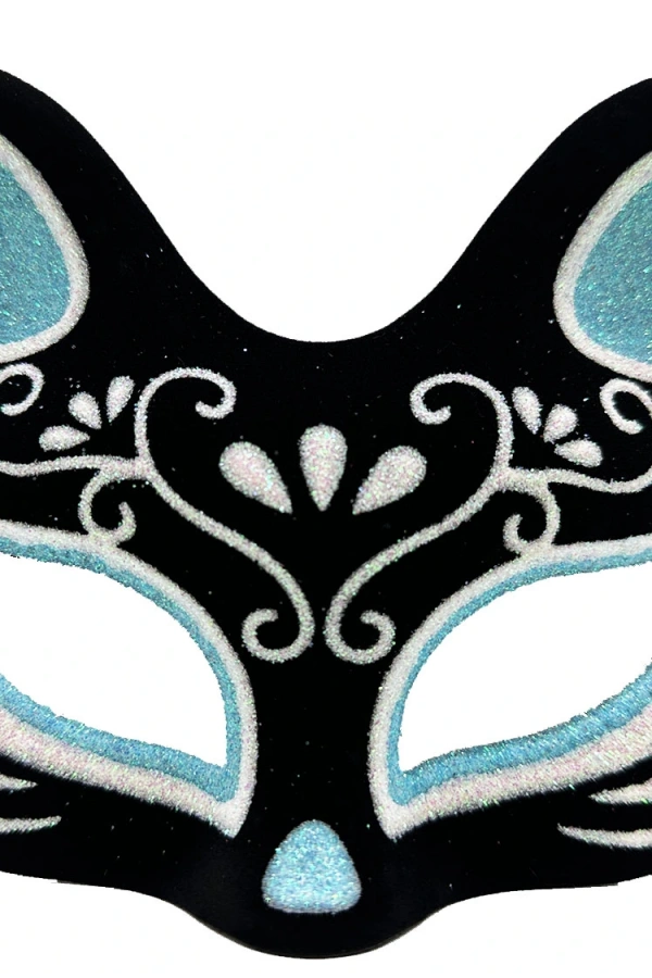 Siyah Süet Gümüş Mavi Simli Kedi Maskesi