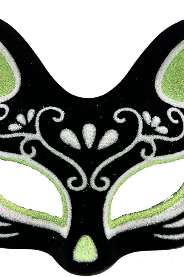 Siyah Süet Kaplama Gümüş Yeşil Simli Kedi Maskesi