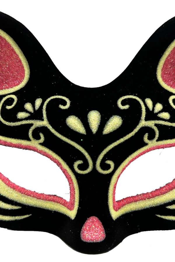 Siyah Süet Kırmızı Sarı Simli Kedi Maskesi