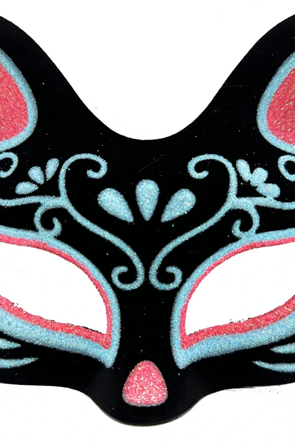 Siyah Süet Mavi Kırmızı Simli Kedi Maskesi