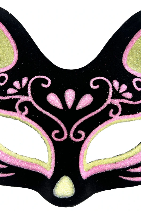 Siyah Süet Sarı Pembe Simli Kedi Maskesi