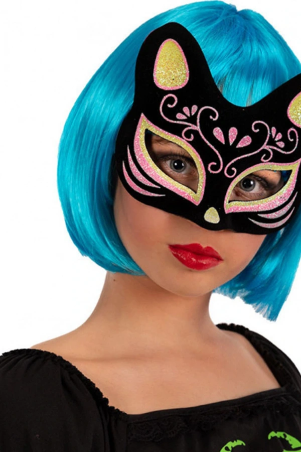 Siyah Süet Sarı Pembe Simli Kedi Maskesi