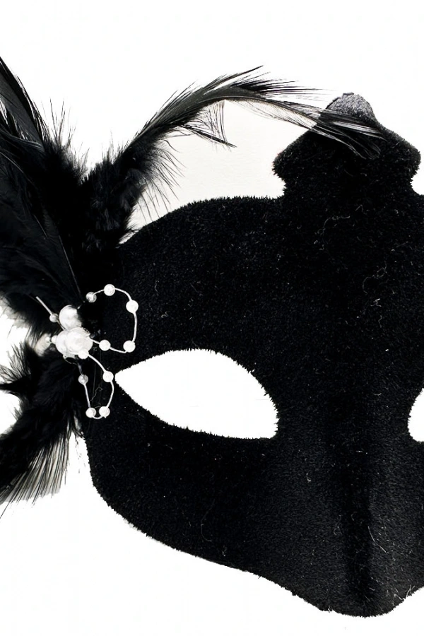 Siyah Süet Tüylü Beyaz İncili Parti Maskesi