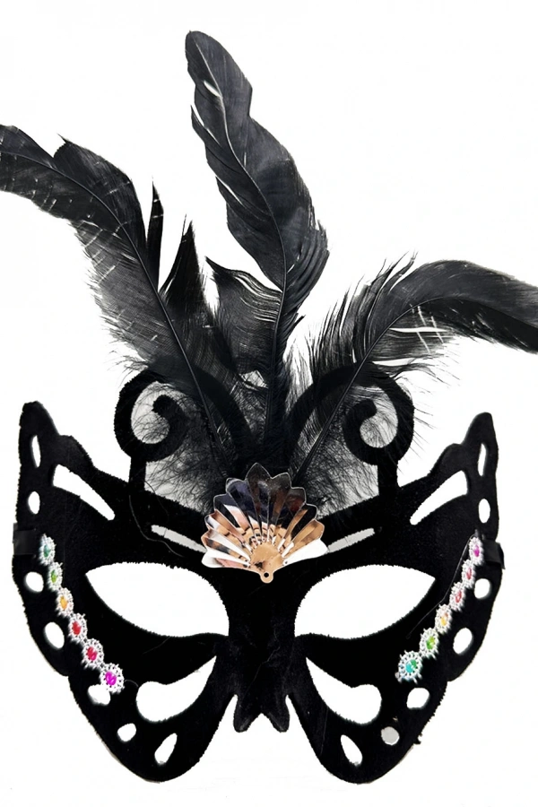 Siyah Süet Tüylü Kelebek Figür Parti Maskesi