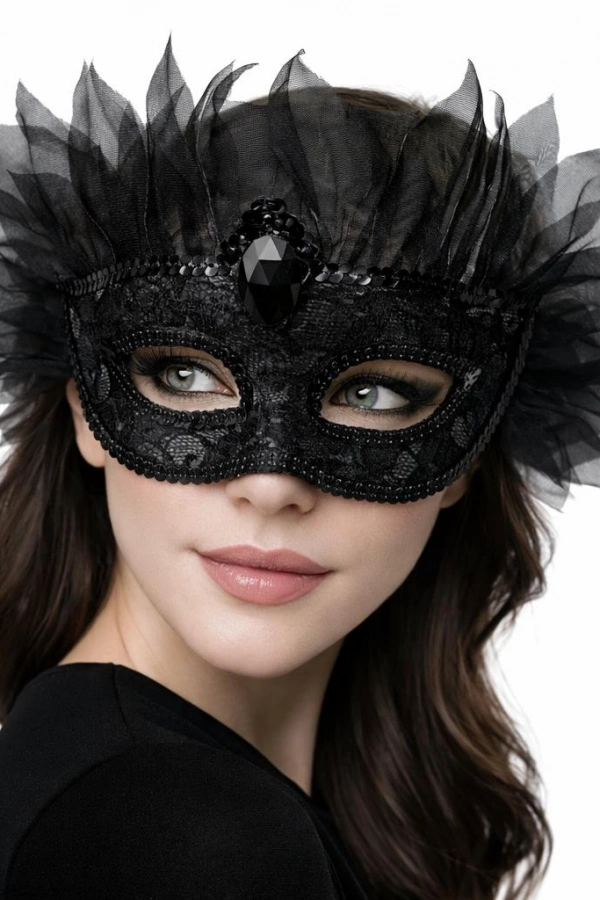 Siyah Taşlı Venedik Lüks Tüllü Parti Maskesi