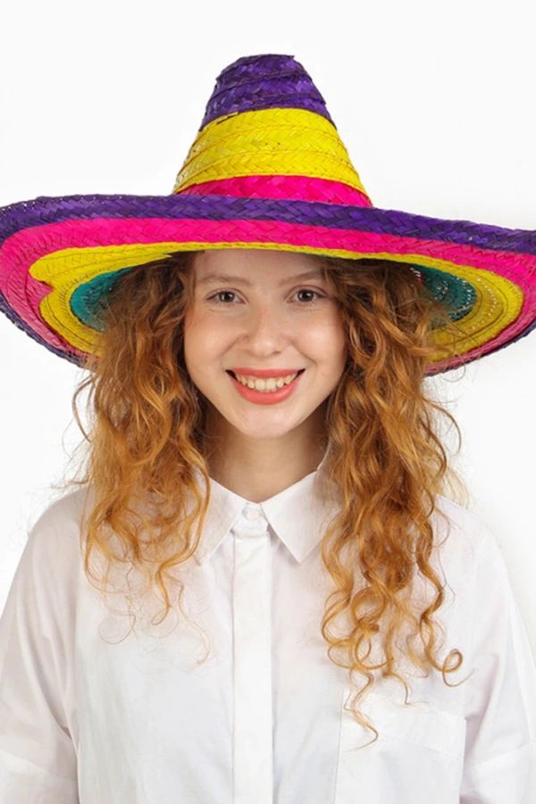Sombrero Meksika Şapkası Renkli Örme Hasır Çocuk Boy