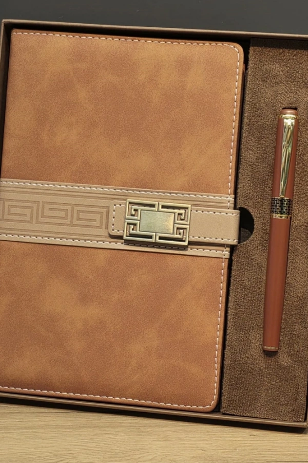 Taba Rengi Termo Deri Defter Ve Metal Roller Kalem Seti