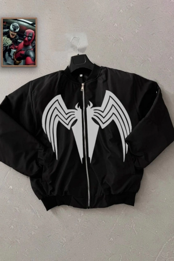 Tam Fermuarlı Uzun Kol Baskılı Bomber Ceket - Siyah