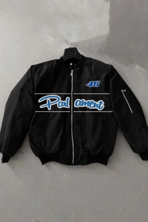 Tam Kalıp Uzun Kol Baskılı Bomber Ceket - Siyah