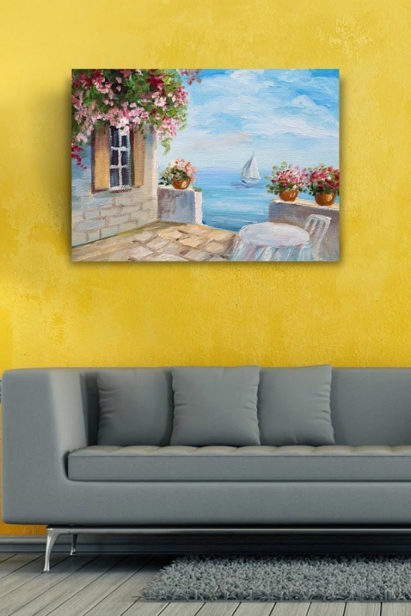 Taş Balkon, Deniz ve Yelkenli Yağlıboya Kanvas Tablo 50 x 70