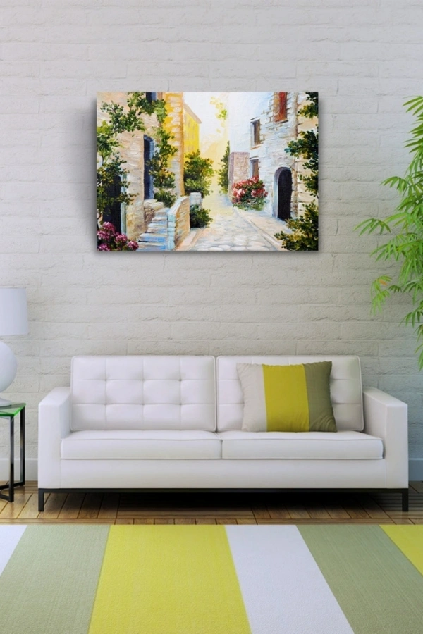 Taş Evler Ve Çiçekli Yol Yağlıboya Kanvas Tablo 50 x 70