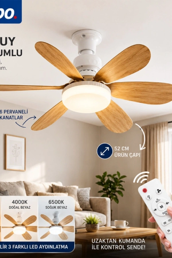 Tavan Vantilatörü ve LED Avize - Uzaktan Kumandalı - 6 Kanatlı - 52 cm