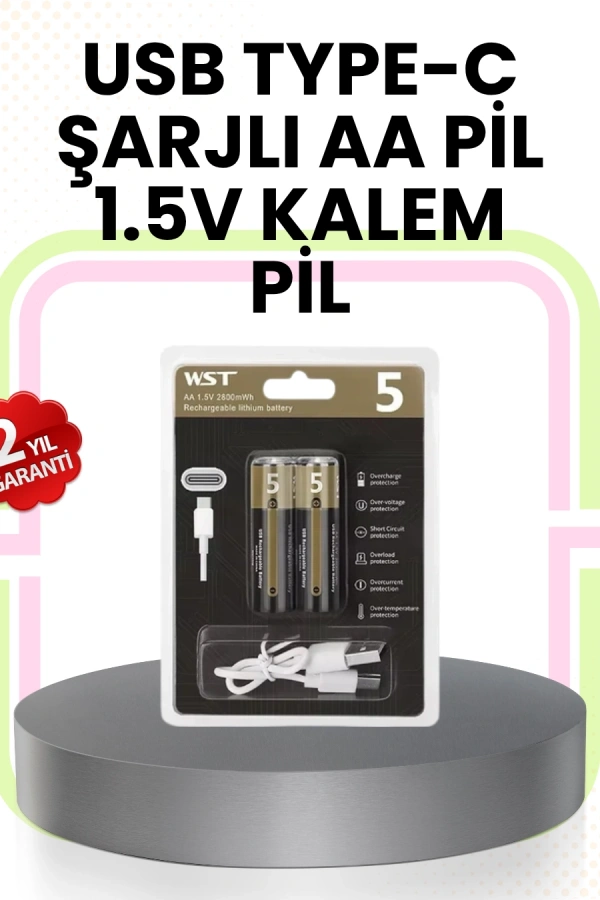 Tekrar Şarj Edilebilir AA USB Type-C Pil | 1000+ Döngü | 1.5V Sabit Voltaj