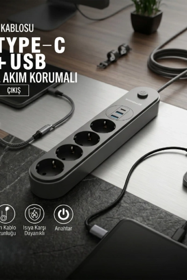 Termal Akım Korumalı 4 Prizli USB Girişli Uzatma Kablosu