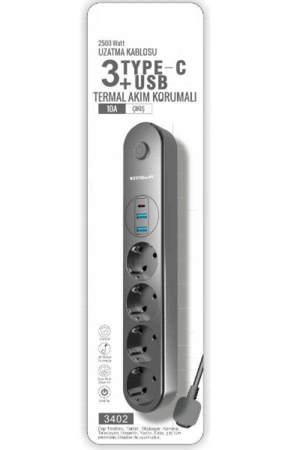 Termal Akım Korumalı 4 Prizli USB Girişli Uzatma Kablosu