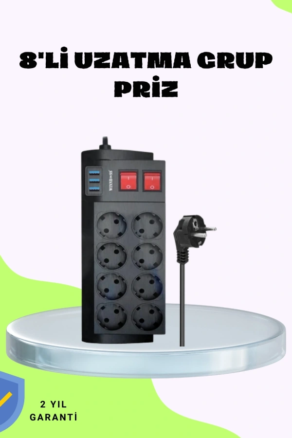 Termal Korumalı 8 Prizli 3 USB’li Uzatma Kablosu