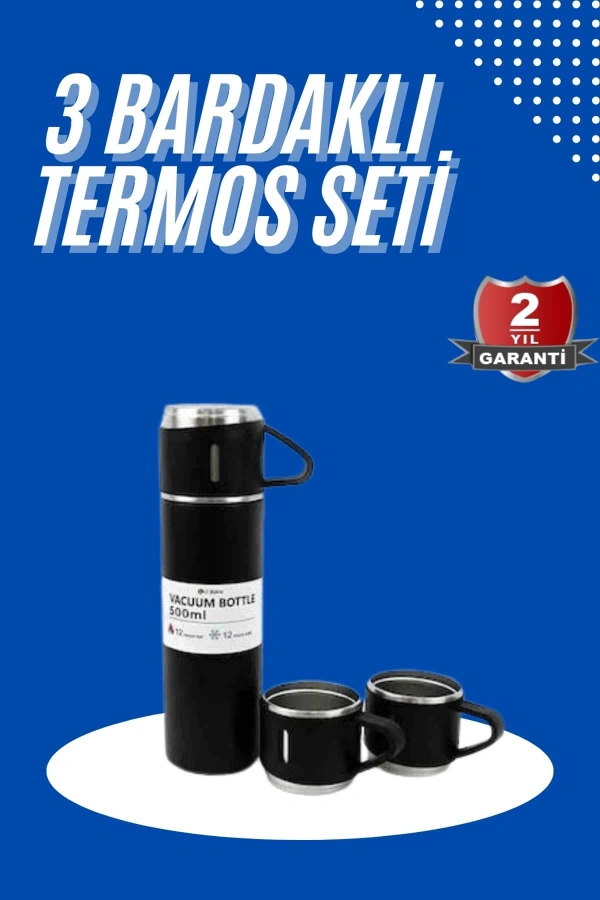 Termos Seti 3lü Bardak Seti Isı Dayanıklı Siyah Paslanmaz Çelik Vakumlu