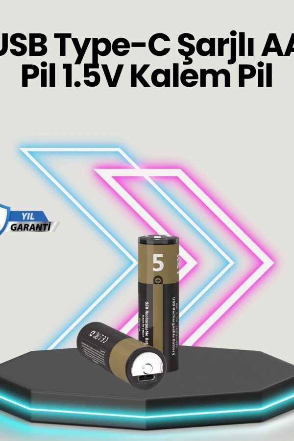 Type-C USB ile Hızlı Şarj Edilebilir AA Kalem Pil | 1.5V Lityum | Çiftli Paket