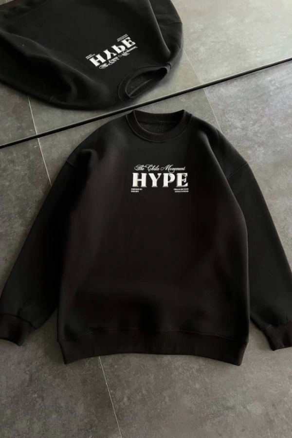 Üç İplik Bisiklet Yaka Baskılı SweatShirt - Siyah