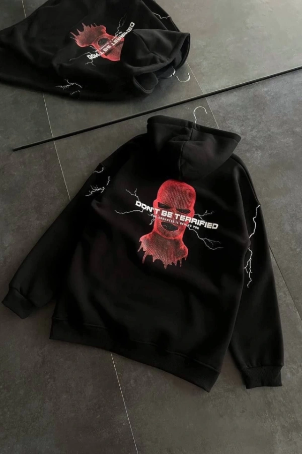 Üç İplik Kapşonlu Baskılı Oversize SweatShirt- Siyah