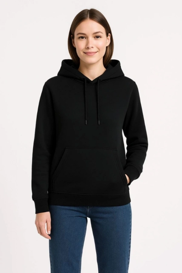 Üç İplik Kapüşonlu Kanguru Çepli SweatShirt Hoodie - Siyah