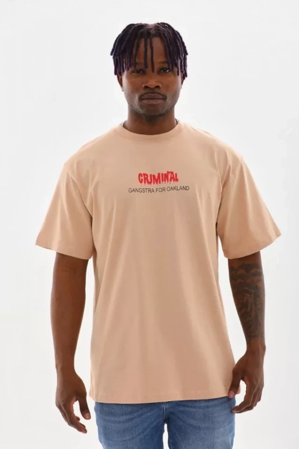 Unisex Baskılı Oversize T-Shirt - Bej