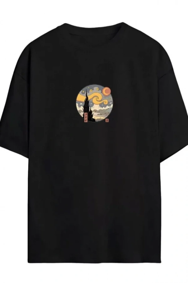 Unisex Baskılı Oversize T-Shirt - Siyah