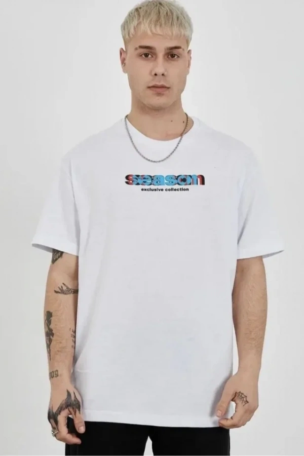 Unisex Bisiklet Yaka Baskılı Oversize T-Shirt - Beyaz