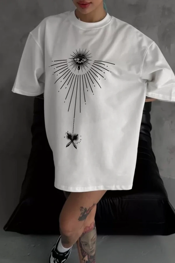 Unisex Bisiklet Yaka Baskılı Oversize T-Shirt - Beyaz