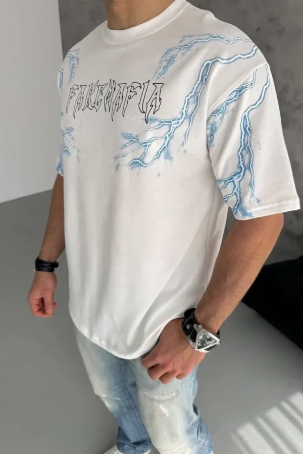 Unisex Bisiklet Yaka Baskılı Oversize T-Shirt - Beyaz