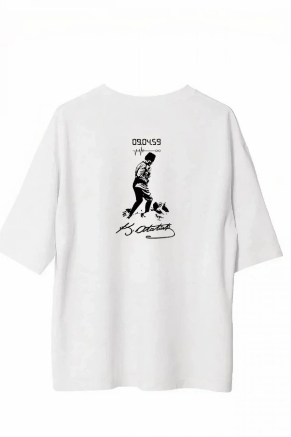 Unisex Bisiklet Yaka Baskılı Oversize T-Shirt - Beyaz