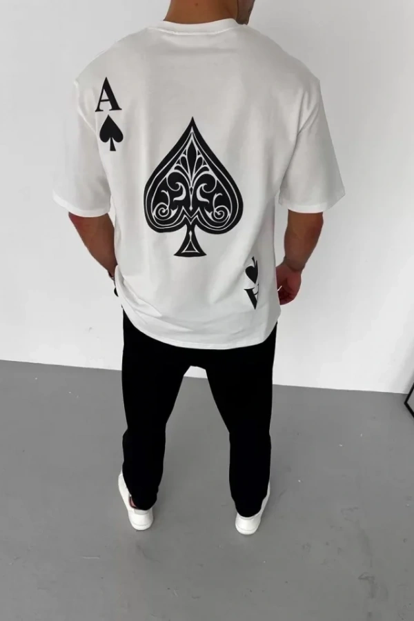 Unisex Bisiklet Yaka Baskılı Oversize T-Shirt - Beyaz