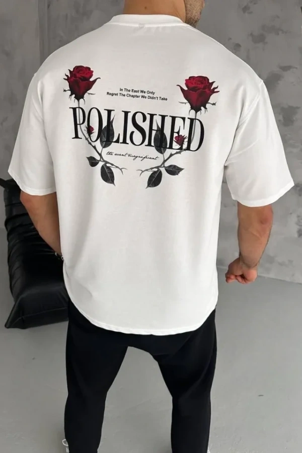 Unisex Bisiklet Yaka Baskılı Oversize T-Shirt - Beyaz