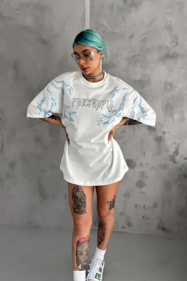 Unisex Bisiklet Yaka Baskılı Oversize T-Shirt - Beyaz