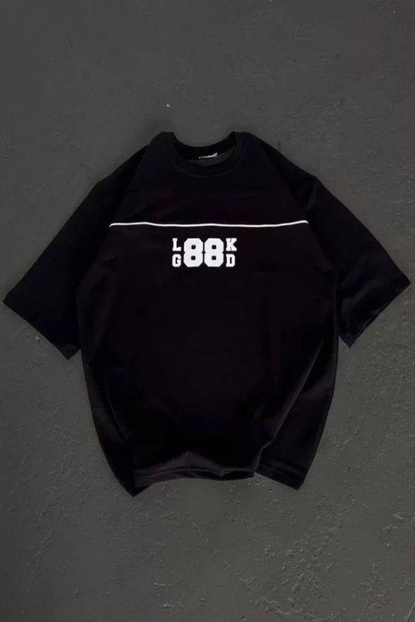 Unisex Bisiklet Yaka Baskılı Oversize T-Shirt - Siyah