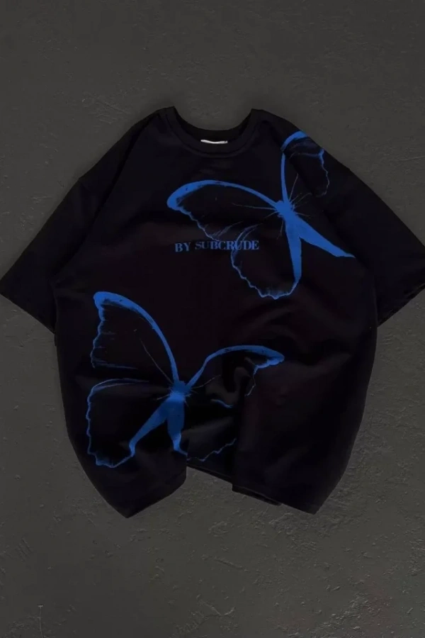 Unisex Bisiklet Yaka Baskılı Oversize T-Shirt - Siyah