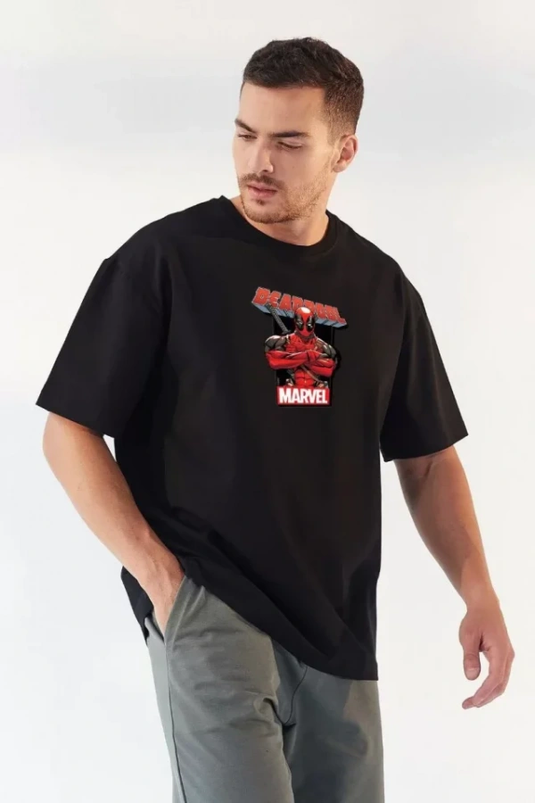 Unisex Bisiklet Yaka Baskılı Oversize T-Shirt - Siyah