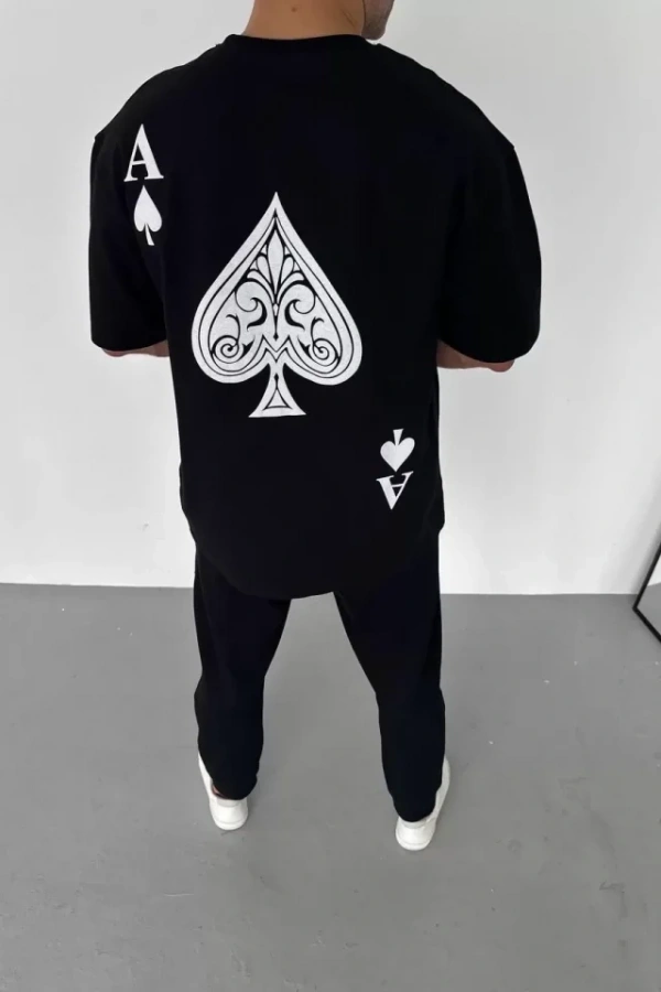 Unisex Bisiklet Yaka Baskılı Oversize T-Shirt - Siyah