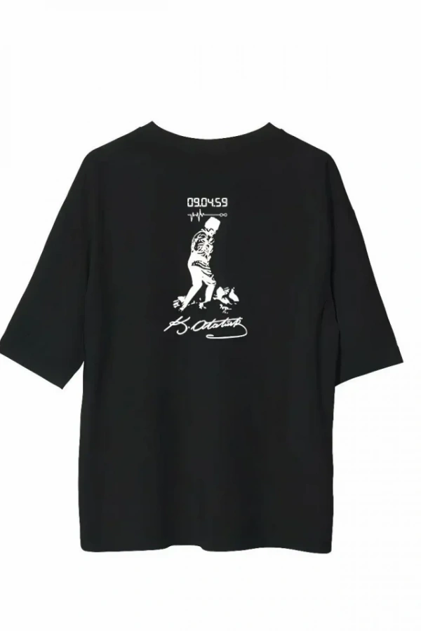 Unisex Bisiklet Yaka Baskılı Oversize T-Shirt - Siyah
