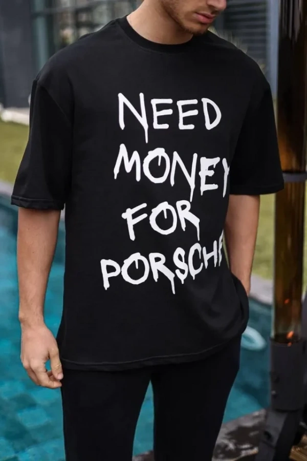 Unisex Bisiklet Yaka Baskılı Oversize T-Shirt - Siyah